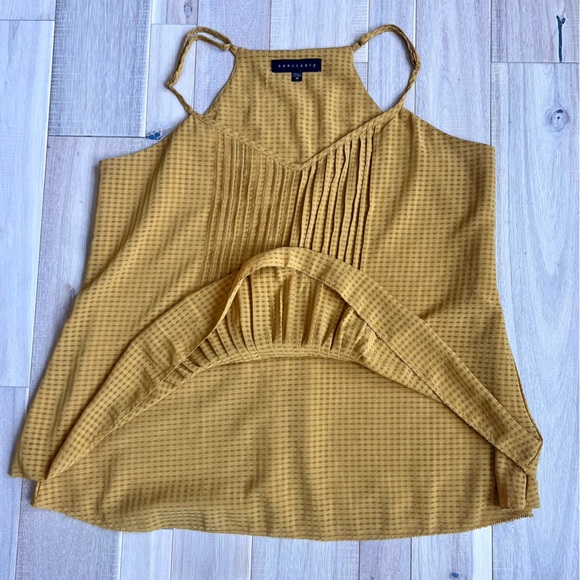 SANCTUARY mustard yellow pleated front, light ruffle trim sleeveless V neck top - Picture 5 of 10